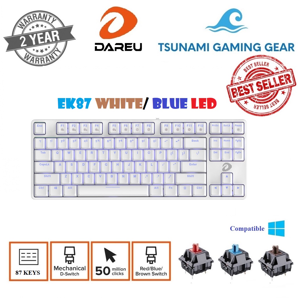 Bàn phím cơ Gaming DareU EK87 WHITE/ 87 KEYS/ Màu trắng/ ICE-BLUE LED (Blue/ Brown/ Red D switch) - BH 2 năm