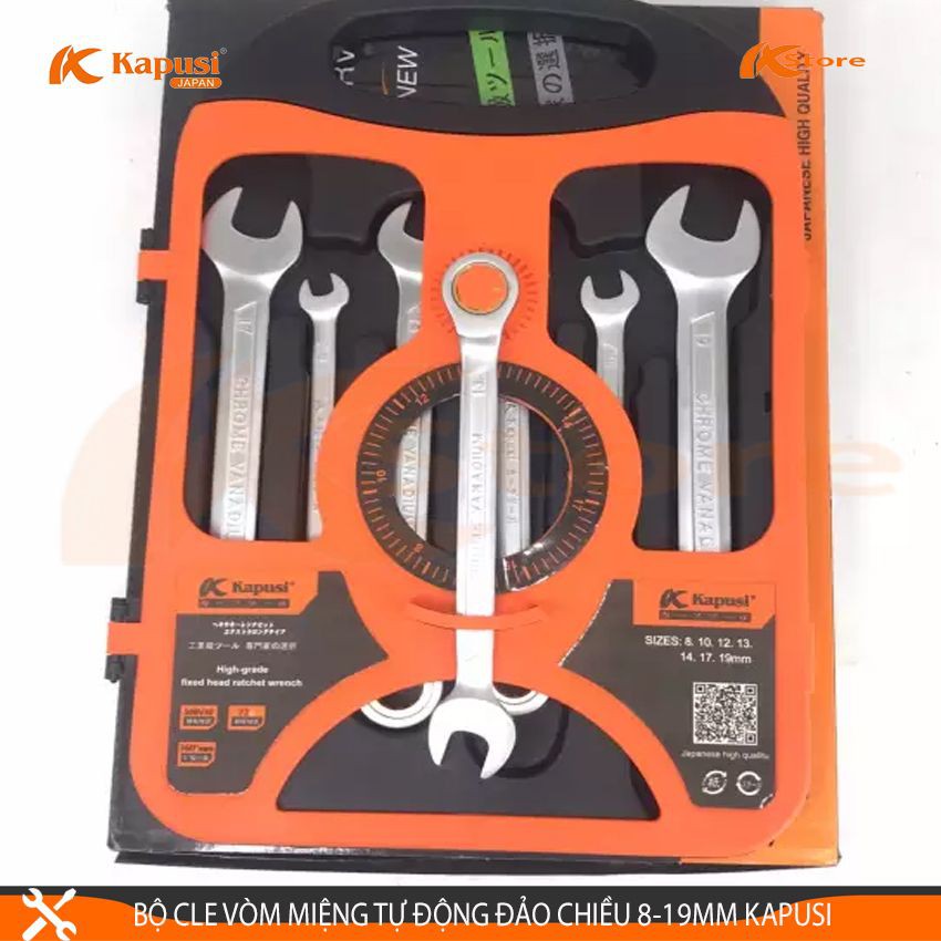 BỘ CỜ LÊ (CLE) VÒM MIỆNG TỰ ĐỘNG ĐẢO CHIỀU 7 CHI TIẾT TỪ 8-19MM KAPUSI JAPAN - BỘ CHÌA KHÓA SỬA CHỮA XE