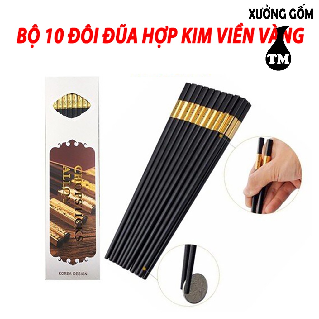 Bộ 10 Đôi Đũa Mạ Vàng - Đũa Hợp Kim - Xưởng Gốm TM Bát Tràng - Đẹp Mắt Sang Trọng Chống Ẩm Mốc (Mua 5 bộ tặng 1 bộ)