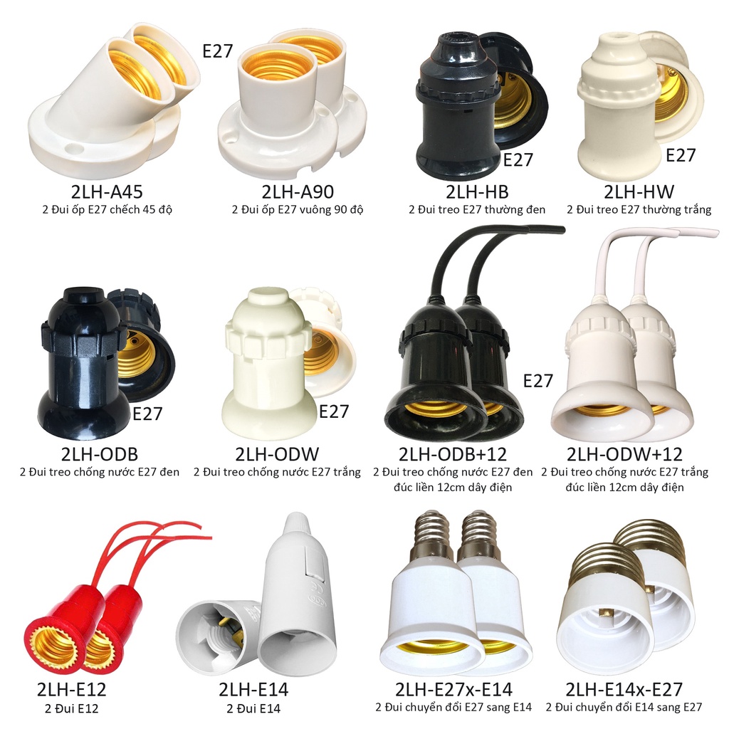 2 Đui đèn E27 E14 E12 treo trang trí đui ốp chếch 45 vuông 90 theo lựa chọn như hình ảnh LH-xxx