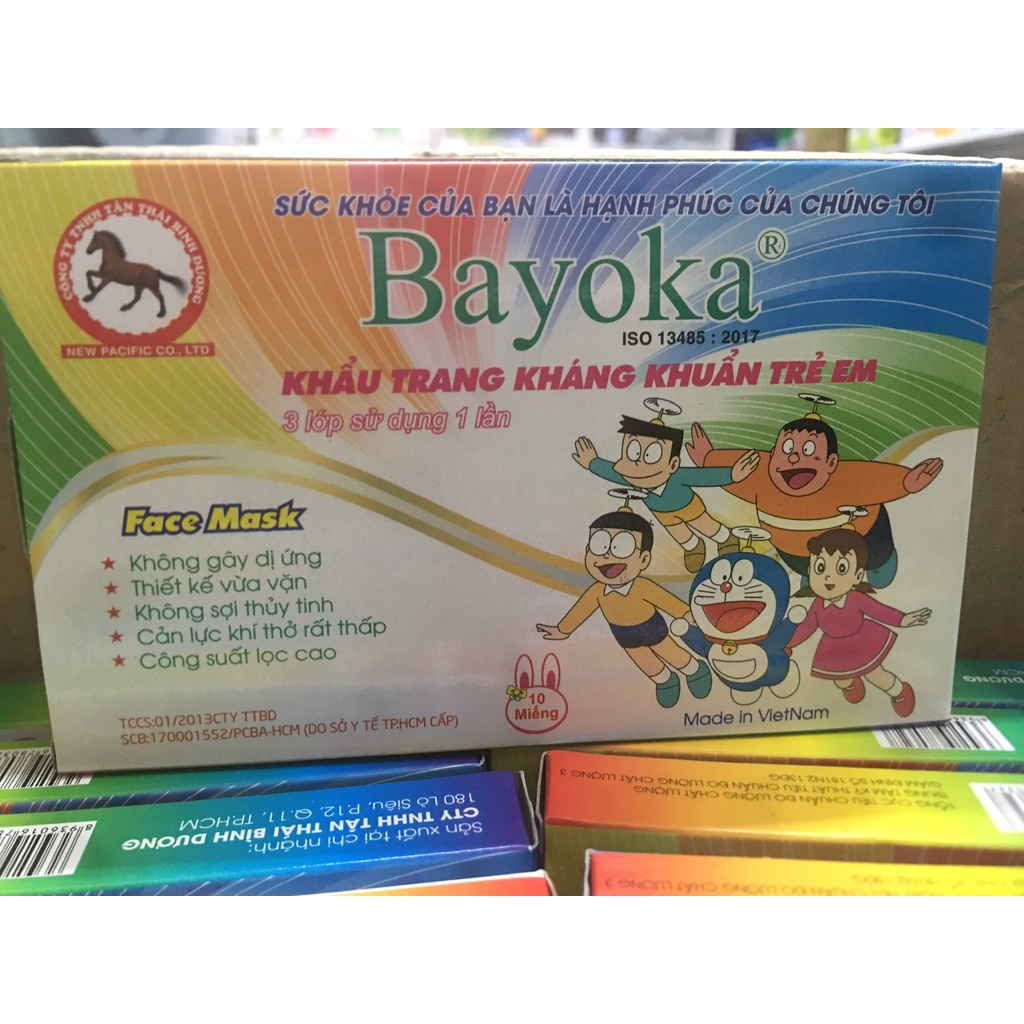 Khẩu Trang Kháng Khuẩn Trẻ Em 3 Lớp Kháng Khuẩn Bayoka (Hộp 10 Cái) Màu Xanh