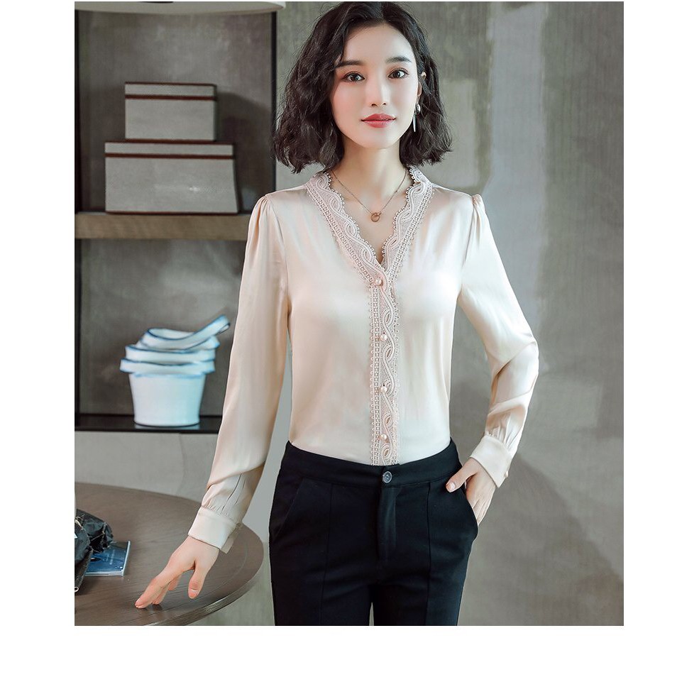 Áo Sơ Mi Nữ N611 - Mẫu Áo Sơ Mi Phong Cách Phương Tây Tay Dài Chất Lụa Satin, Cổ Bẻ Phối Nút, Thời Trang Công Sở Cao Cấp