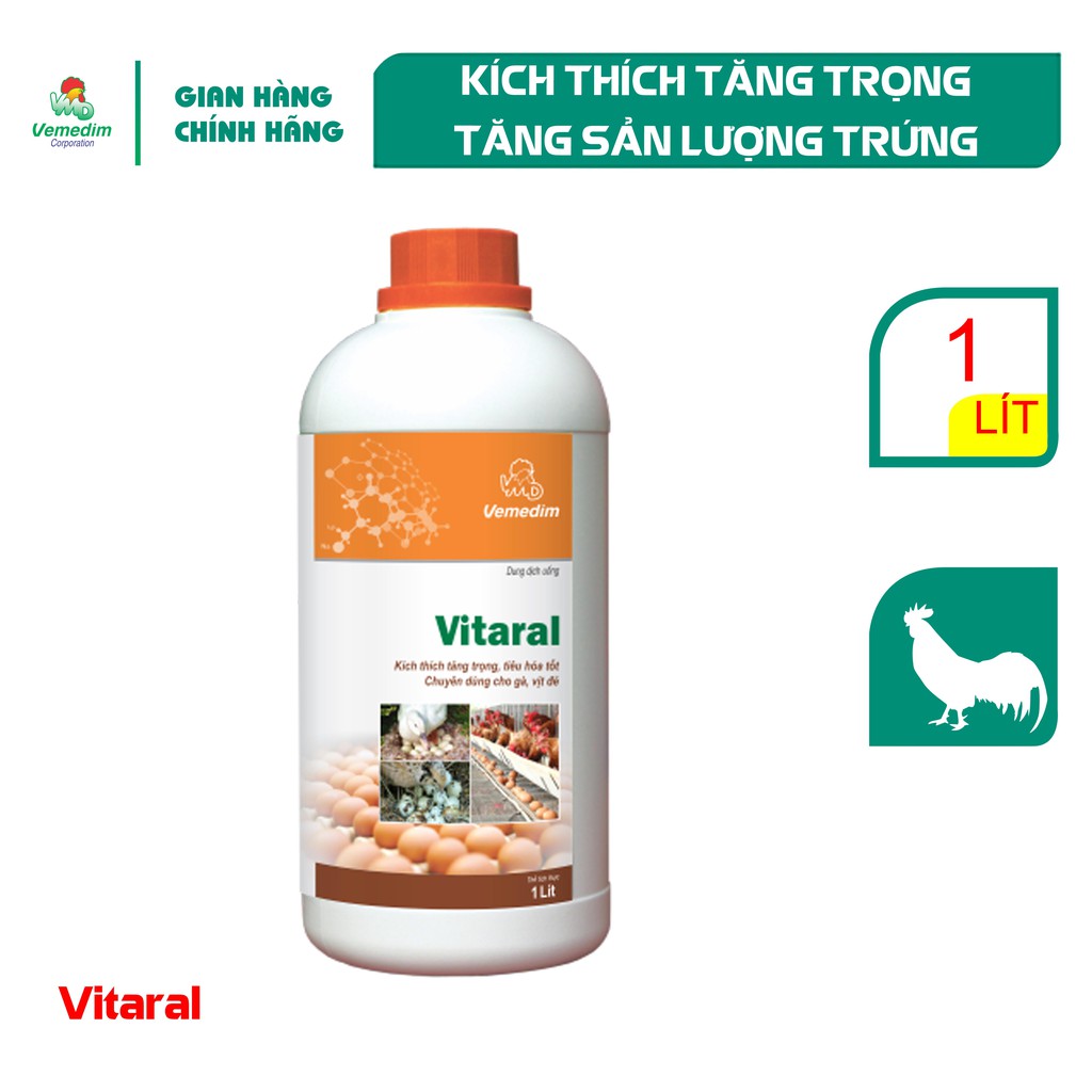 Vemedim Vitaral Bổ sung vitamin giúp tăng trọng, tăng sản lượng trứng, tiêu hóa tốt cho gia cầm, chai 1lit