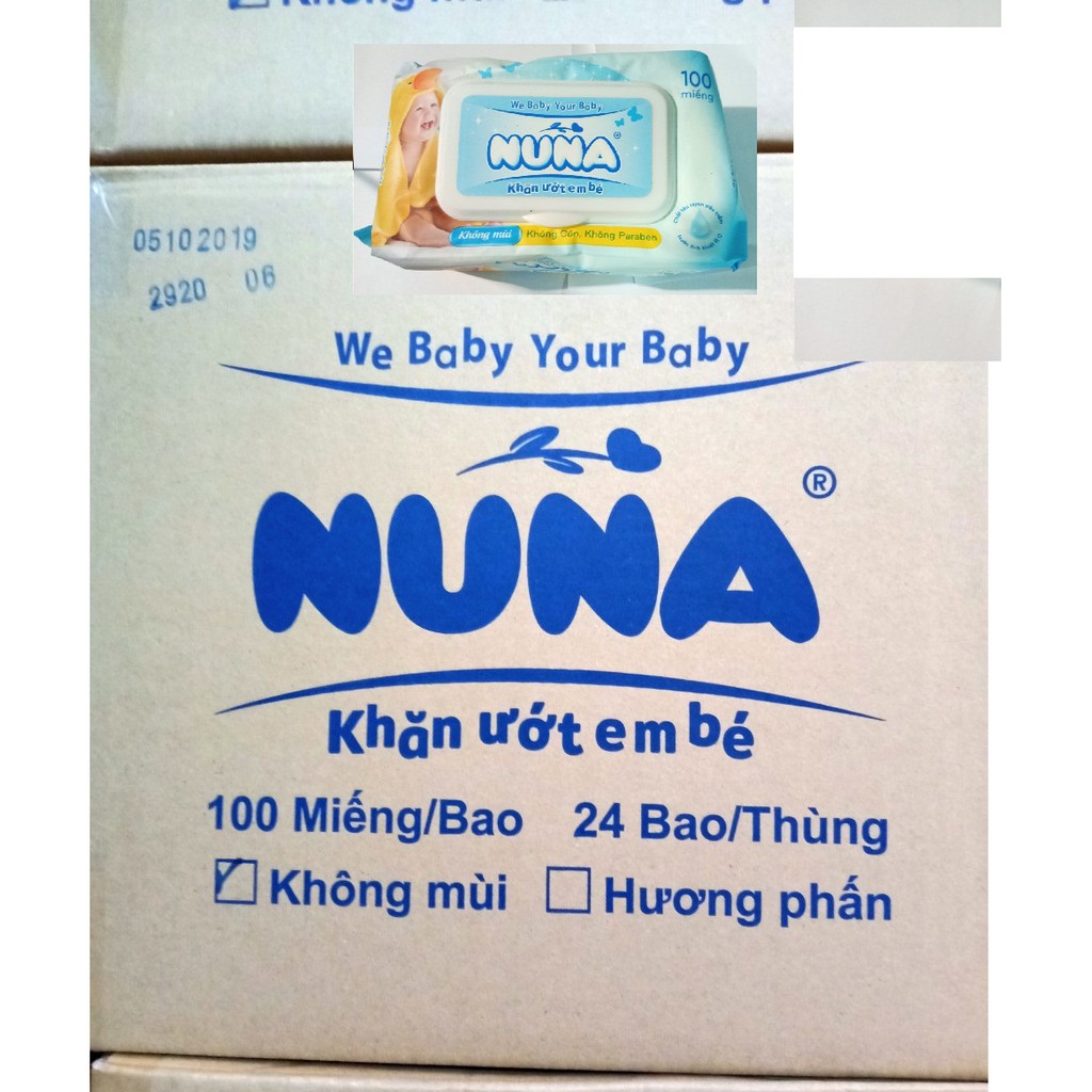 Lốc 12 Bao Khăn Ướt Em Bé Nuna kg mui 100 miếng/bao (Mẫu mới)