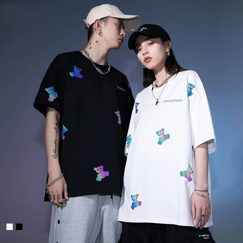 Korean version of the fluorescent T-shirt 2021 spring and summer new short sleeve reflective colorful bear t-shirt men and women couple full body print short sleeve