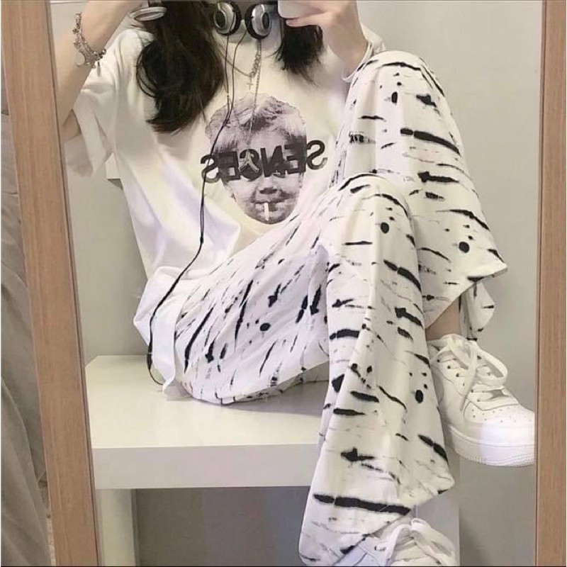 Set áo thun tay ngắn oversize nữ in hình kèm quần suông culottes vệt phẩy sơn dài - Order taobao quảng châu