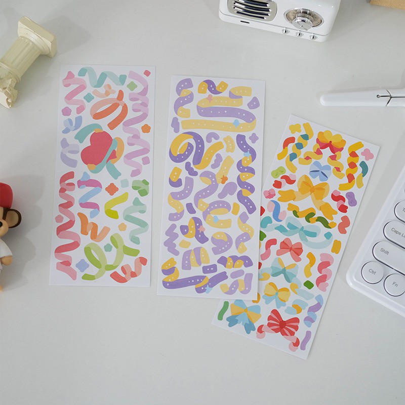 Sticker Toploader Decor Ruy Băng Confetti Bộ 3 Tấm Hình Dán Trang Trí Polaroid Kpop Hàn Quốc RAINBOW