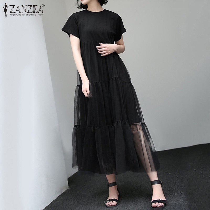 Đầm midi ZANZEA tay ngắn khâu ren hai lớp thời trang cho nữ
