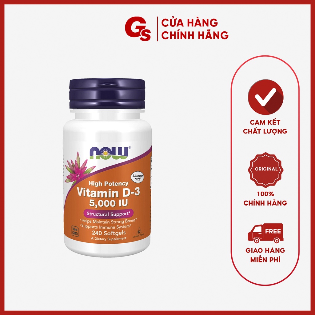 Viên uống Vitamin Now D3 5000IU hỗ trợ sức khỏe toàn diện, cải thiện làn da, trí nhớ, tăng đề kháng, cơ bắp