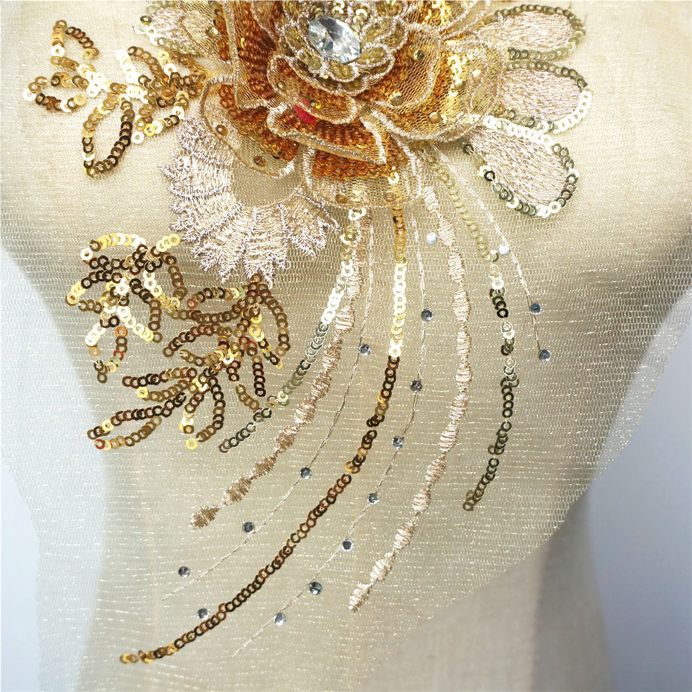 Miếng Vải Ren Thêu Hoa Đính Kim Sa Vàng Dùng May Váy Cưới diy