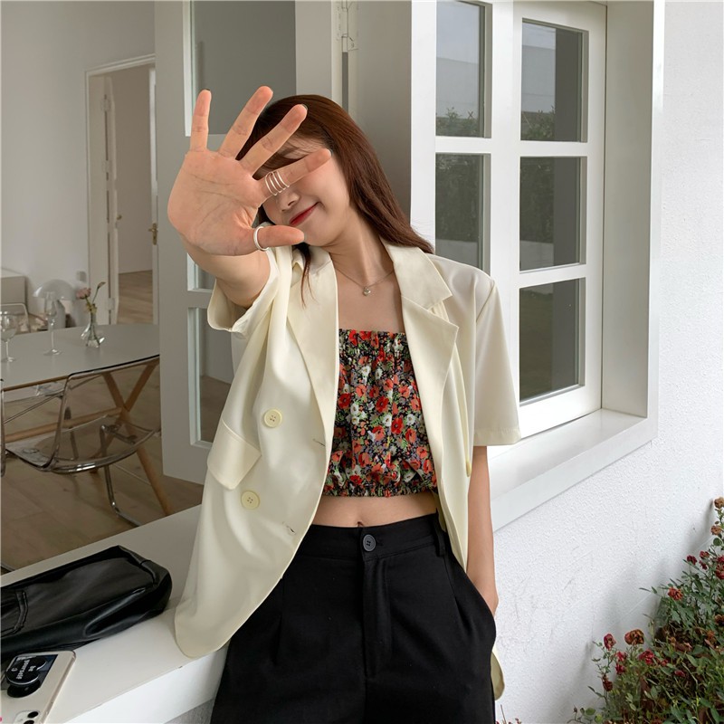 Áo vest Blazer Nữ Ngắn tay Form rộng Dáng dài Áo Blazer 4 cúc Màu trơn Phong cách Hàn Quốc Ulzzang Thời trang