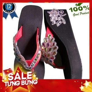 (HÀNG ĐẶT) DÉP QUAI KẸP HỌA TIẾT HÌNH CHIM CÔNG DÁN GÓT HOA SEN CAO 7CM HÀNG CHUẨN
