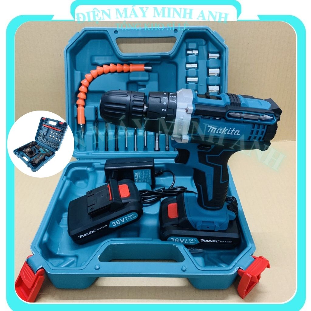 Máy khoan pin bắn bắt vặn vít bê tông mini cầm tay không chổi than Makita 36V chính hãng đa năng giá rẻ kèm 24 chi tiết
