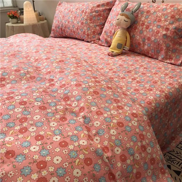 Bộ chăn ga gối drap giường chất cotton poly họa tiết hoa nhí hồng