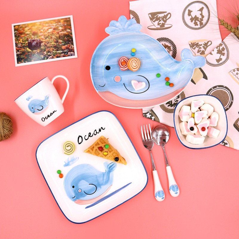 Đĩa Ăn Dặm Kiểu Nhật Chất Liệu Gốm Sứ Cao Cấp Hình Cá Voi Xanh Đáng Yêu AD24 Cho Bé YOOTA BABY