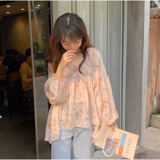 [ẢNH THẬT](kèm áo lót) Áo sơ mi cổ V hoạ tiết hoa lá tay phồng phối bèo dáng babydoll