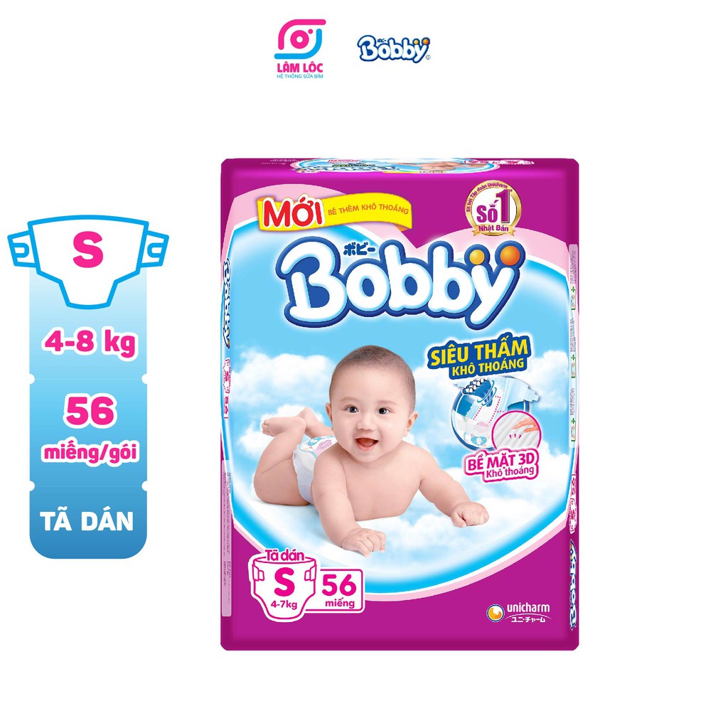 Bỉm dán Bobby, tã dán Bobby size NB1(64M),NB2(60M),XS42,S88,M48,L68,XL62 (2 bịch tặng 1 khăn ướt,3 bịch tặng 2 khăn ướt)