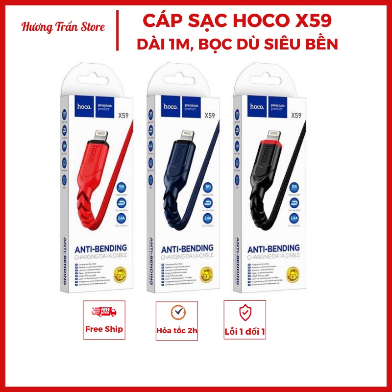 Cáp sạc Hoco X59 cho I.P và Android dài 1M dây bọc dù chống rối, chống đứt. Bảo hành 12 tháng