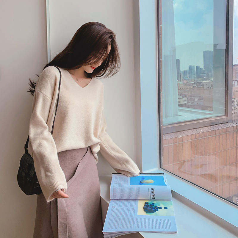 0265 Áo len dài tay cổ chữ V dáng rộng ngắn thời trang 8 màu | BigBuy360 - bigbuy360.vn