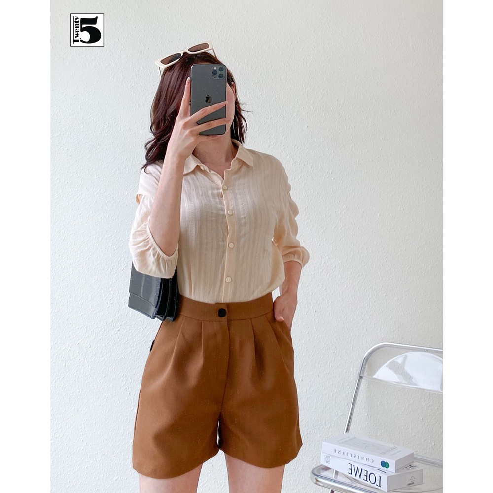 Áo sơ mi nữ tay lỡ xẻ vai bồng họa tiết vân sọc Twentyfive TA14