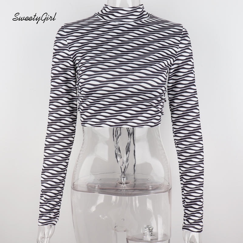 Áo crop top tay dài cổ tròn hở lưng in họa tiết kẻ sọc màu tương phản thời trang cho nữ