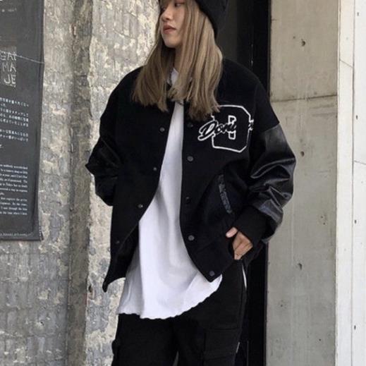 Áo Bomber - Jacket Vasity tay da chất dạ ép phối chữ thêu xù cao cấp loại 1