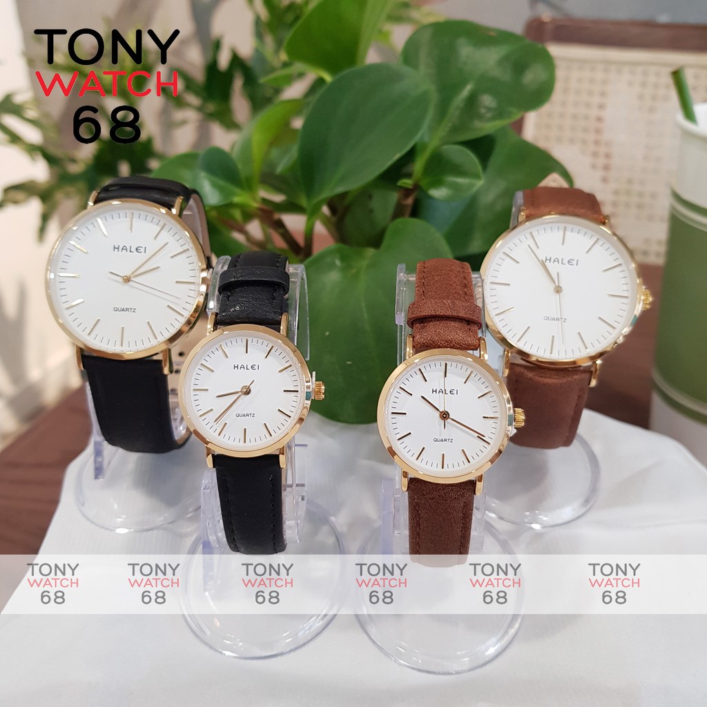 Đồng hồ cặp đôi nam nữ Halei dây da chống nước chính hãng viền mạ vàng Tony Watch 68