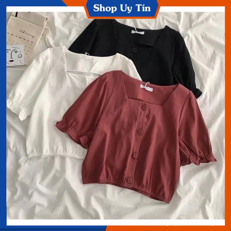 - Áo kiểu cổ vuông phối tay phồng áo sơ mi thời trang