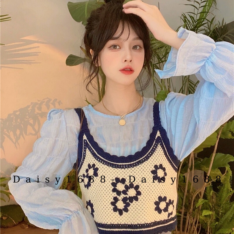 Có sẵn- Áo 2 dây Gile mặc ngoài sơ mi/ váy chất len móc Vintage