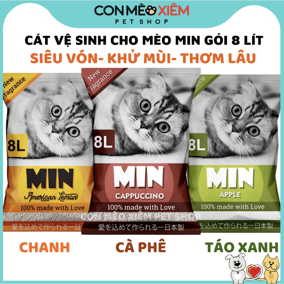 Cát cho mèo mèo Min cà phê táo chanh siêu vón khử mùi 8L, cát cho mèo đi vệ sinh khử mùi Con Mèo Xiêm