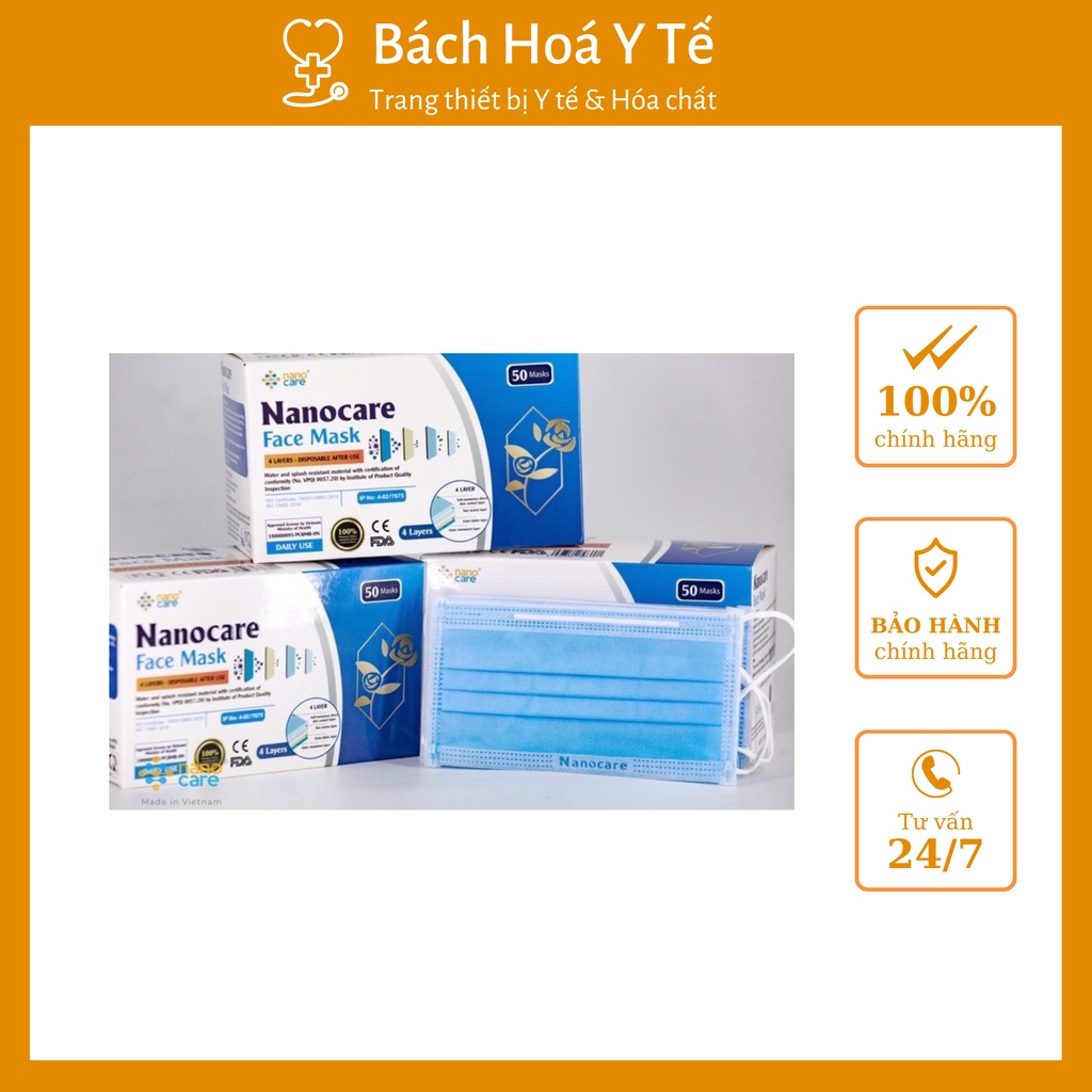 Khẩu trang kháng khuẩn 4 lớp, NanoCare, Màu xanh, Hộp/50 chiếc