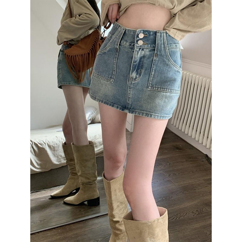 Chân Váy Denim Chữ A Lưng Cao Phong Cách Retro Mới