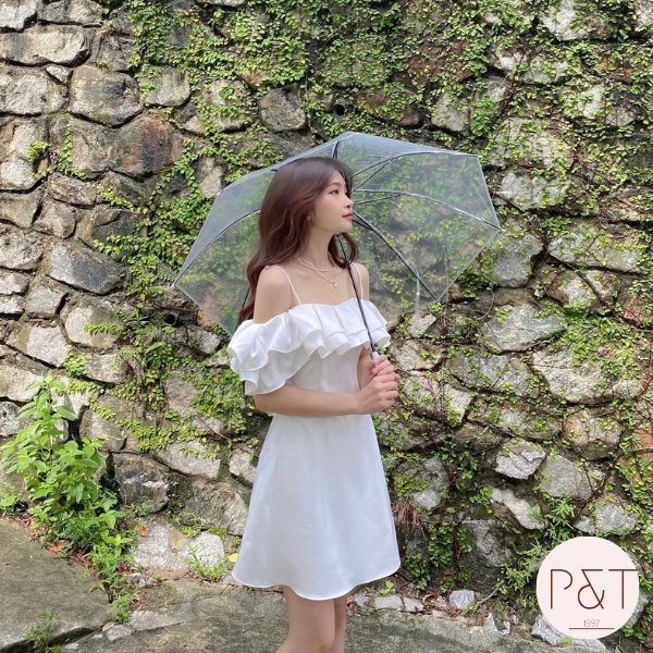 Váy Viền Bèo Trễ Vai Đi Biển, Váy Trễ Vai Dáng Ngắn Chữ A Xinh Xắn Màu Trắng Be | BigBuy360 - bigbuy360.vn