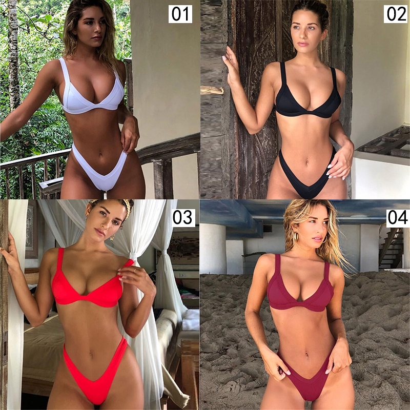 Bikini màu trơn cổ chữ V sâu gợi cảm cho phái nữ | BigBuy360 - bigbuy360.vn