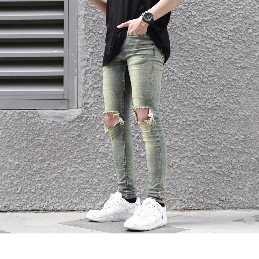 Quần Skinny Jeans Nam-Màu Xanh Bạc-Rách To Hai Bên Gối-Chất Liệu Cotton Co Giãn-Ống Đứng Dáng-Ống Ôm Chân Chuẩn Skinny