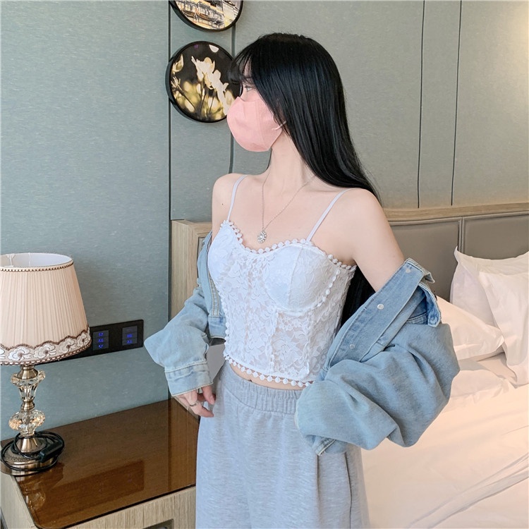 Áo Hai Dây Hở Lưng Phối Ren Có Miếng Đệm Ngực Kiểu Dáng Ngọt Ngào Quyến Rũ Cho Nữ