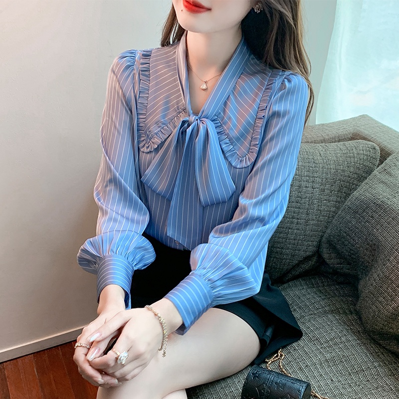 Áo Sơ Mi Chiffon Họa Tiết Kẻ Sọc Xanh Dương Thời Trang 2022 Dành Cho Nữ Sm