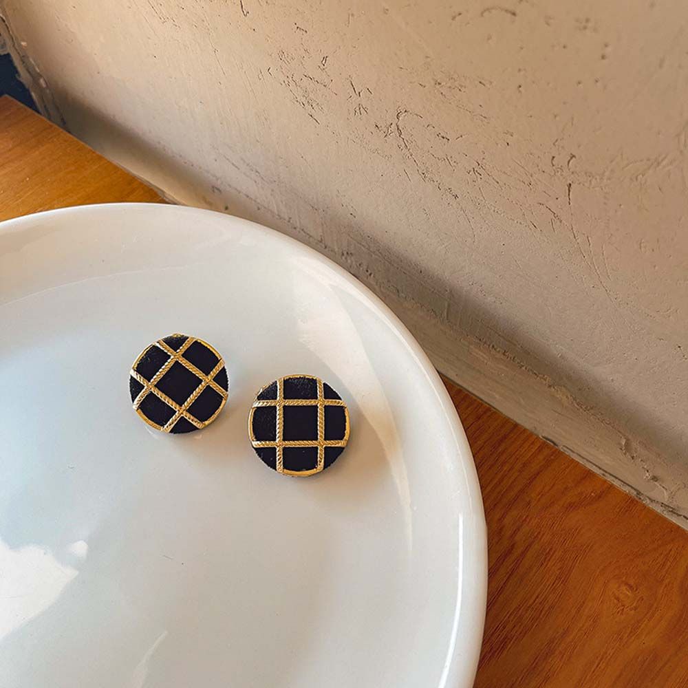 Bông tai hình tròn bằng hợp kim phối họa tiết kẻ ô phong cách Hàn Quốc cổ điển tinh tế thời trang cho nữ