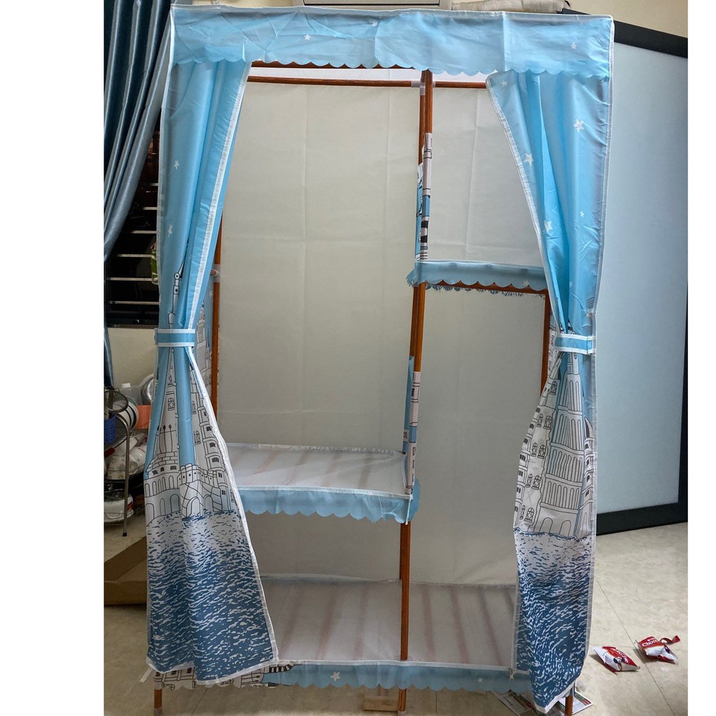 Tủ vải khung gỗ Bọc Nhựa Chống Ẩm Mốc 2 buồng có lót vải đựng quần áo | BigBuy360 - bigbuy360.vn