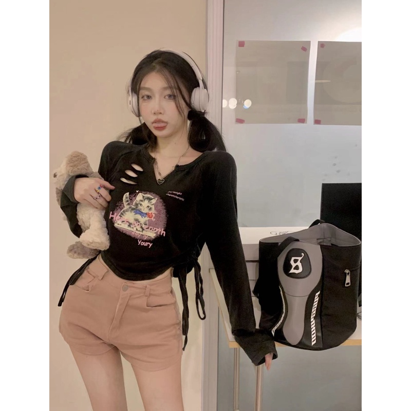 Áo Thun Nữ Dài Tay Cổ Chữ V Thời Trang retro