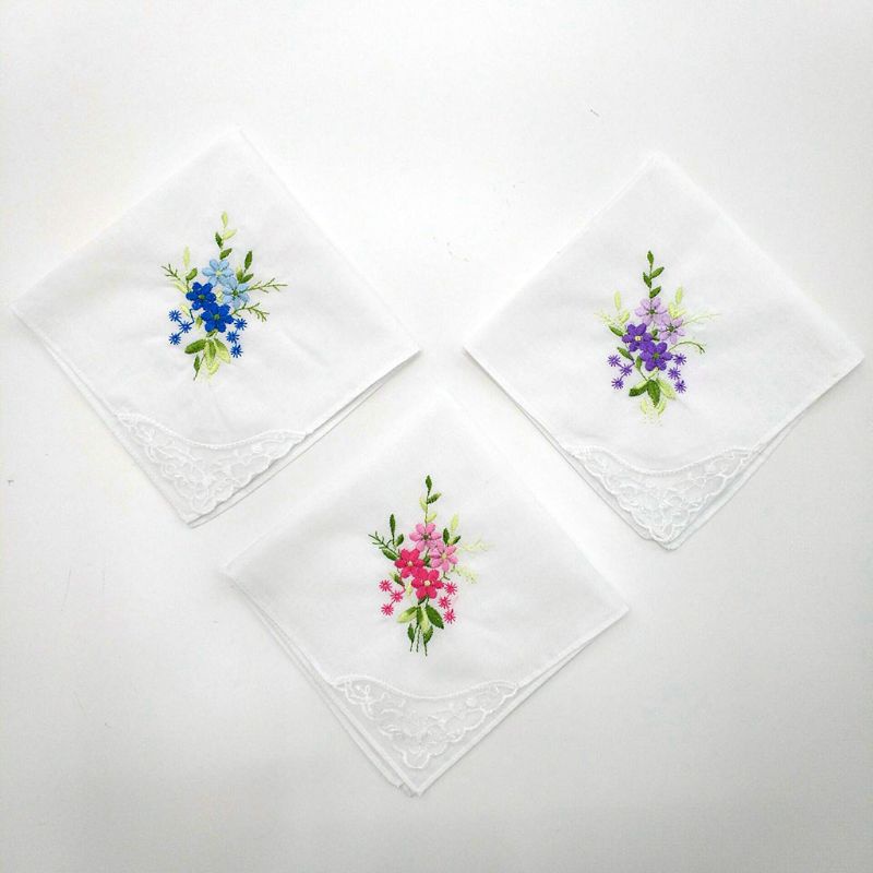 Set 3 khăn tay cotton hình vuông màu trắng thêu ren hoa cho nữ giao màu ngẫu nhiên