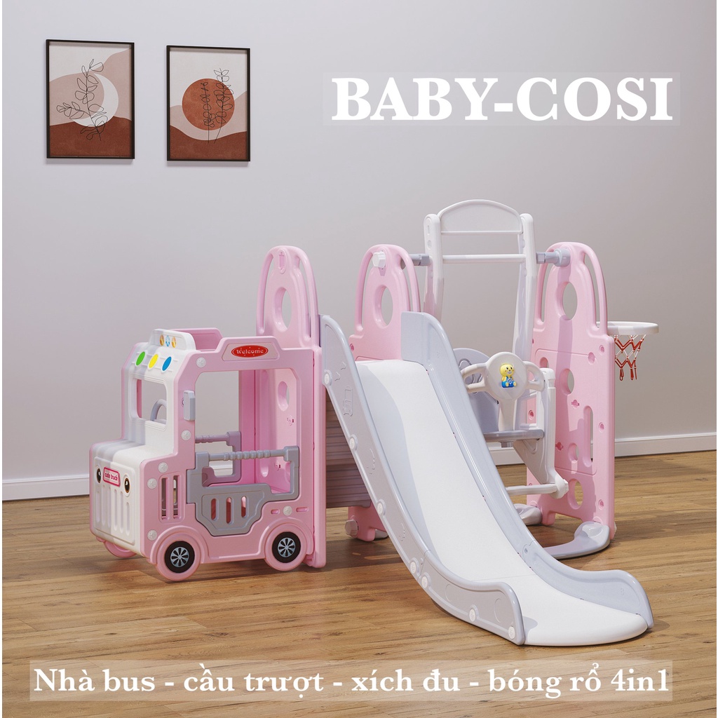 Cầu trượt xích đu BUS cho bé, nhà ô tô có đèn nhạc vô lăng BABYCOSI xịn xò đẹp lắm