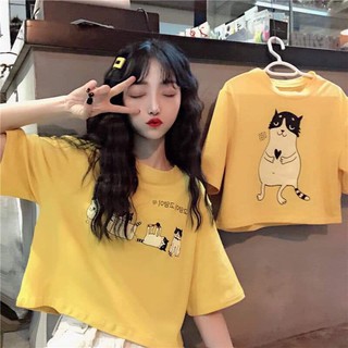 Áo thun nữ croptop màu vàng in hình con mèo hot
