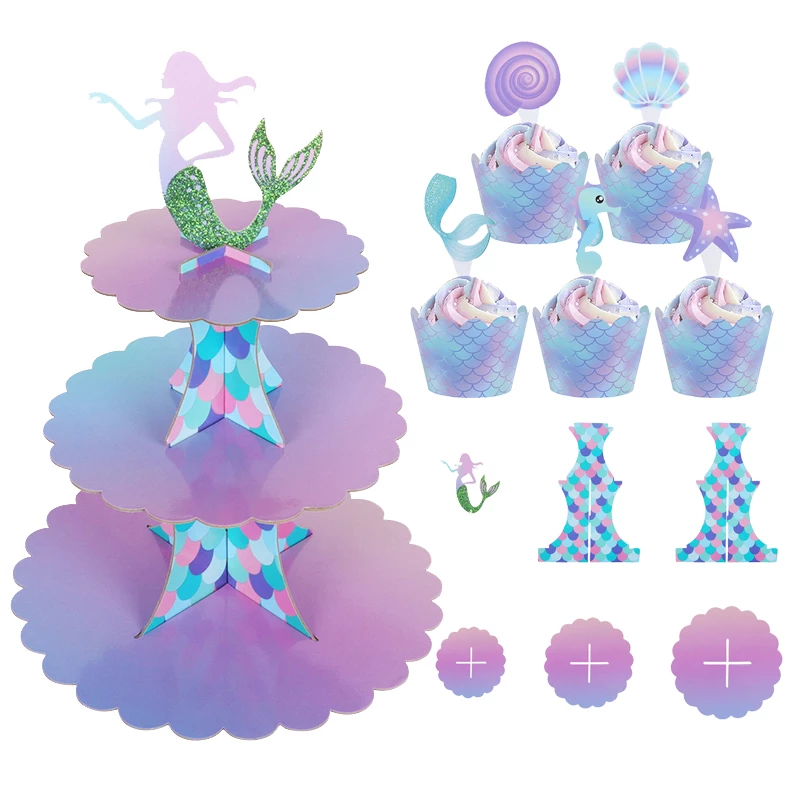 Giá Đỡ Bánh Cupcake 3 Tầng Chủ Đề Nàng Tiên Cá Cho Tiệc Sinh Nhật Bé Gái
