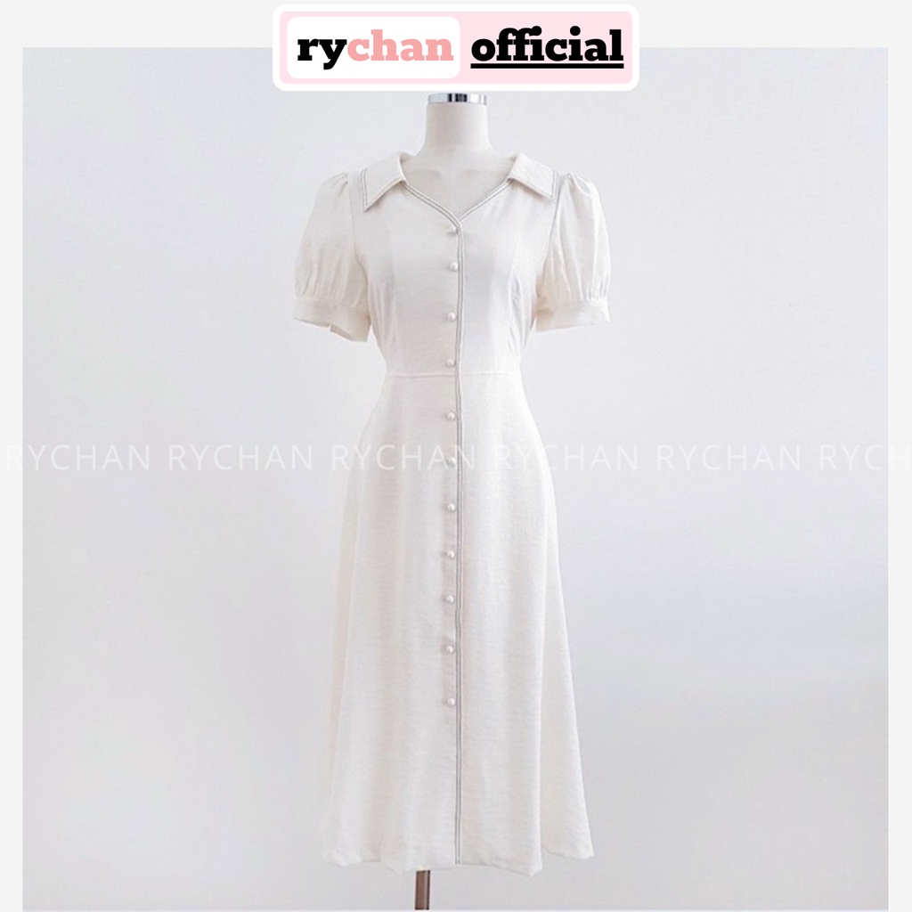 Đầm Nữ Dự Tiệc Sơ Mi Cách Tân Nút Trước Tay Ngắn Phồng Màu Trắng [ẢNH THẬT CUỐI] - DX9799