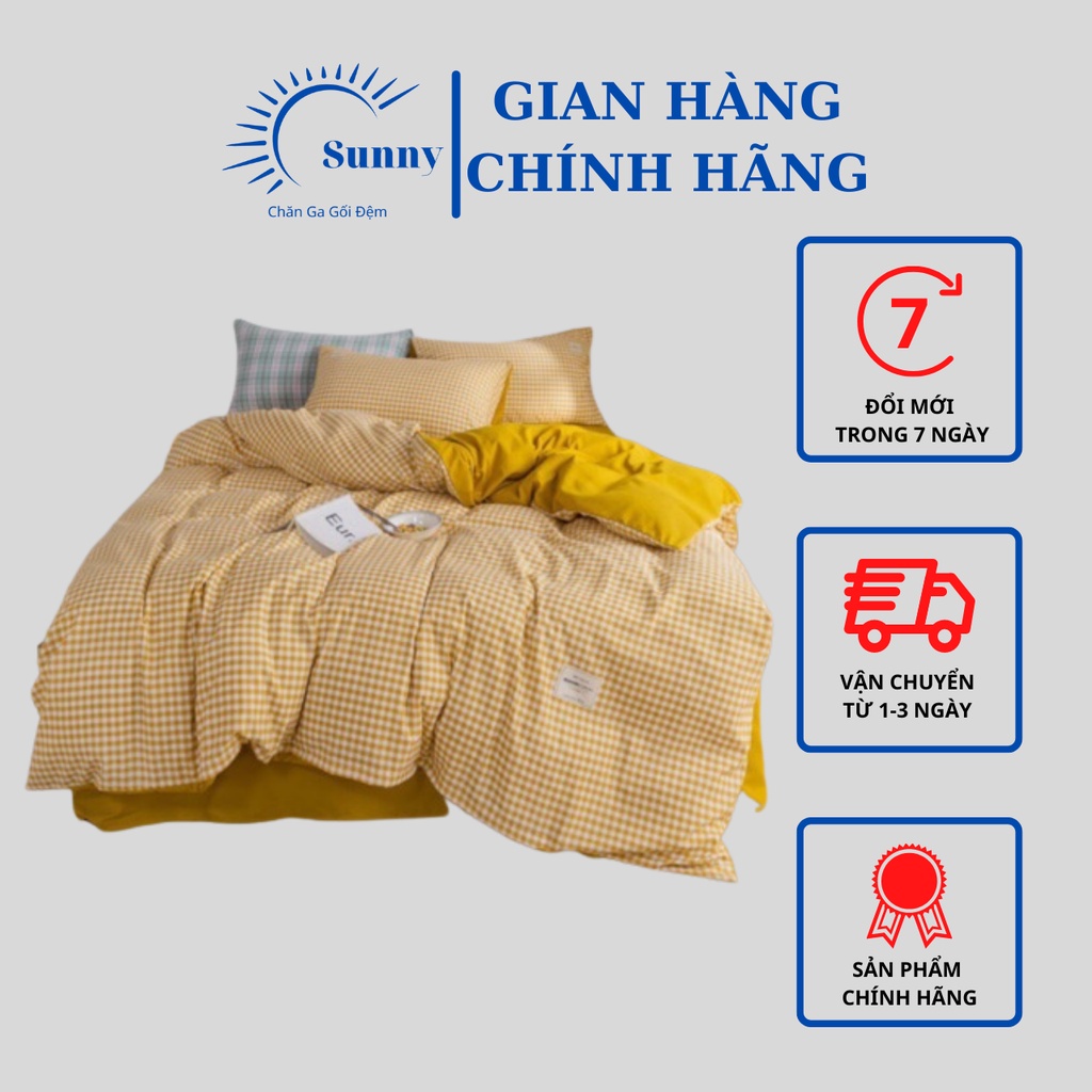 Bộ chăn ga giường Tici kẻ phong cách hàn quốc nhập khẩu, set 4 món cotton tici miễn phí bo chun
