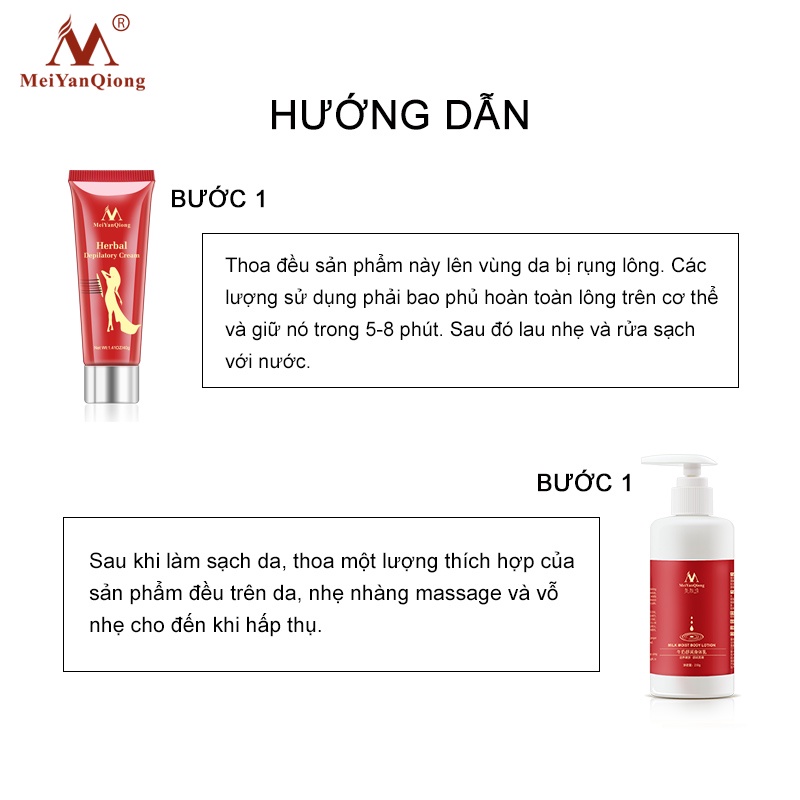 Bộ kem tẩy lông và sữa dưỡng thể MeiYanQiong không đau giúp dưỡng ẩm làm mềm và trắng da (40g)+(250g)