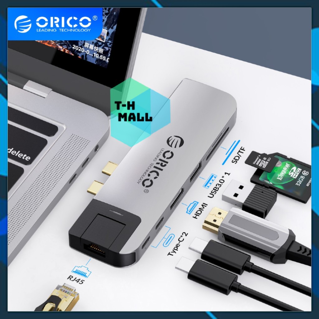 Bộ Hub chuyển đổi chia cổng 8 trong 1 Orico USB type C kép sang HDMI USB 3.0 Gigabit RJ45 dành cho Macbook Pro