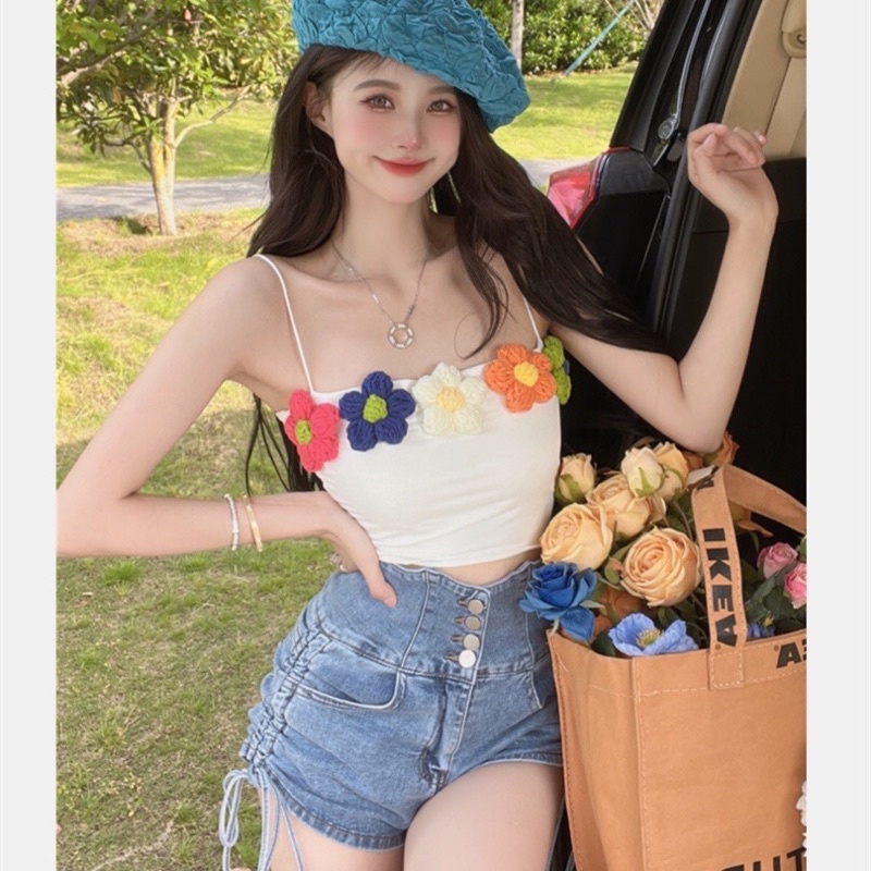 Áo hai dây croptop phối hoa len, hoa len móc siêu xinh