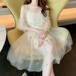 (Ảnh thật cuối) Đầm voan ulzzang công chúa tay bồng đính hoa màu be sang chảnh